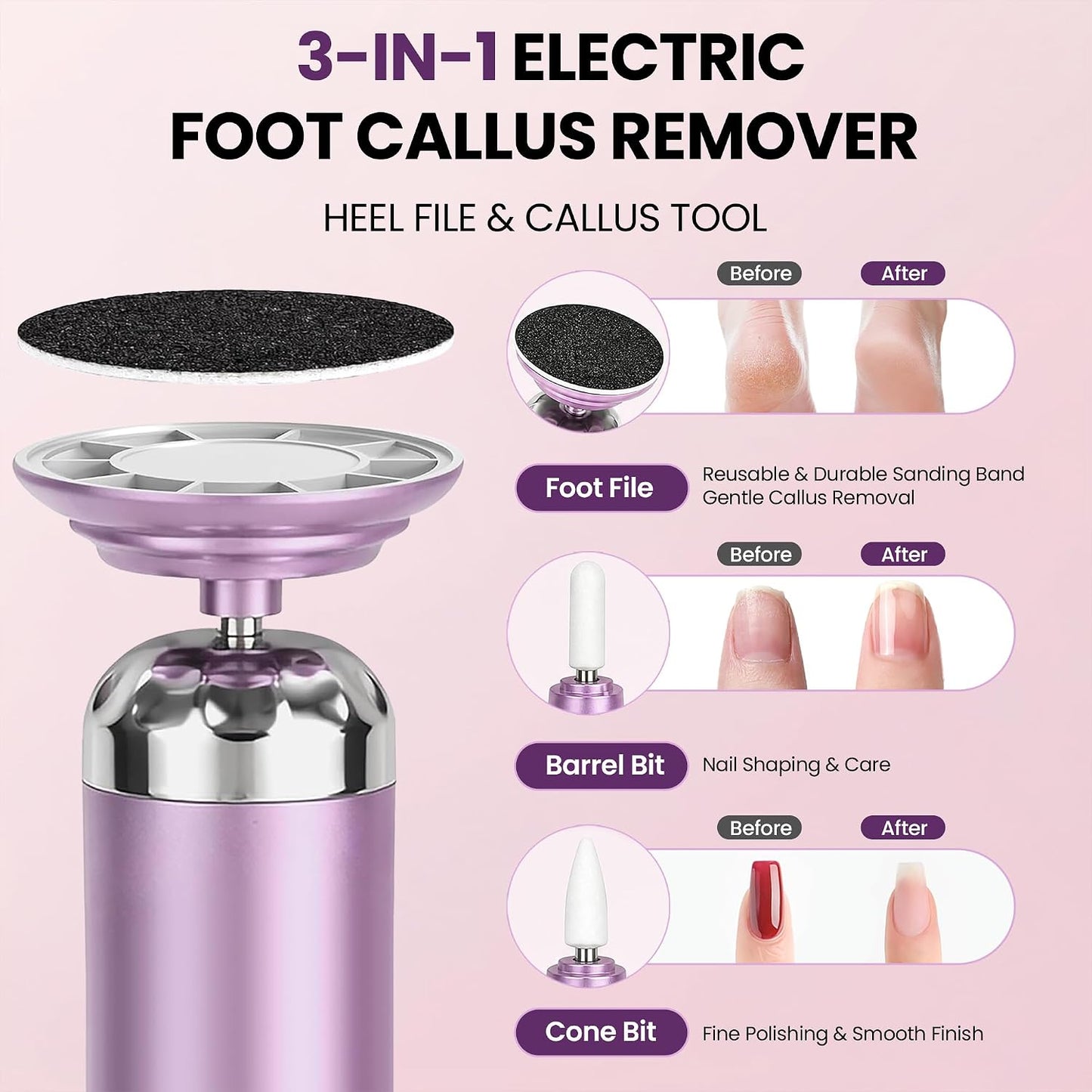 Electric Callus Remover for Feet, Cordless Foot Sander with 5 Speeds | Upgraded 1200RPM, 3-in-1 File, LED Display, 3-Hour Battery, 50 Discs, Heel Grinder, Home Pedicure Gift for Women Men