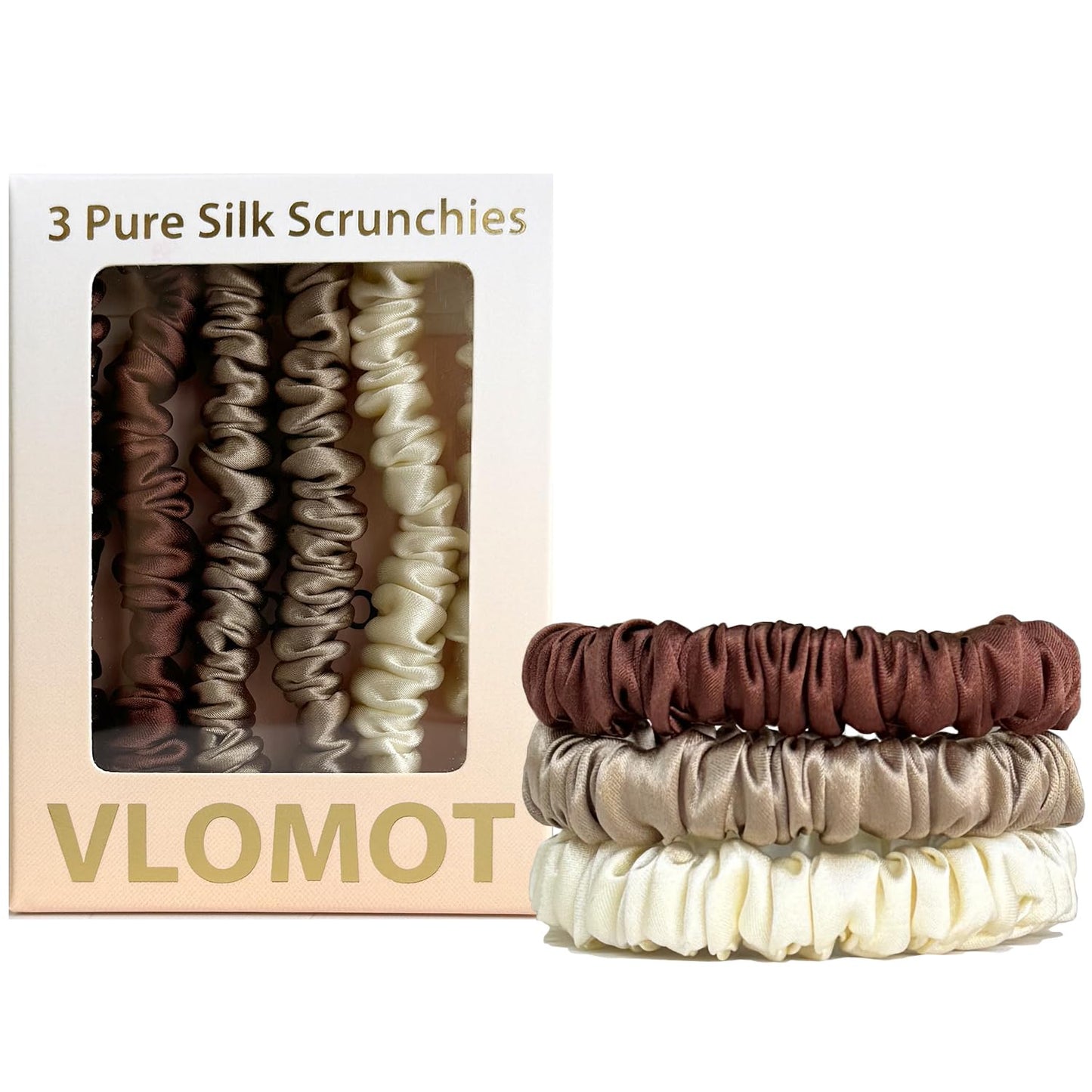 VLOMOT 3 Pcs Set 100% Pure Mulberry Silk Hair Scrunchies Hair Ties with 3 Chic Colors Everyday Skinny Scrunchies Silk Ponytail Holders Hair Care No Damage (Blue)