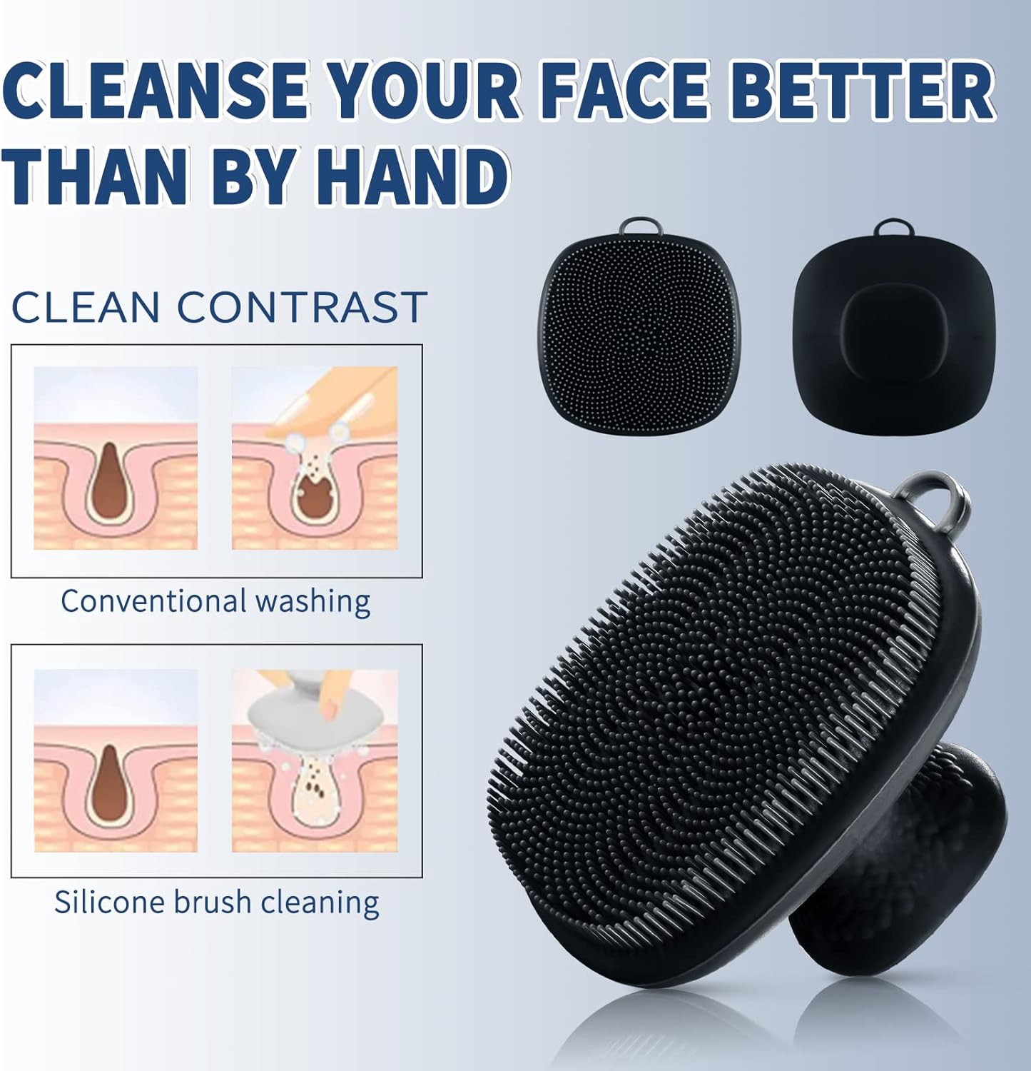 Back Scrubber for Shower & Face Scrubber, 2Pcs Silicone Exfoliating Brush Set with 17In Long Handle, Soft Body & Facial Cleansing Scrubber for Men Women