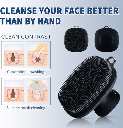Back Scrubber for Shower & Face Scrubber, 2Pcs Silicone Exfoliating Brush Set with 17In Long Handle, Soft Body & Facial Cleansing Scrubber for Men Women