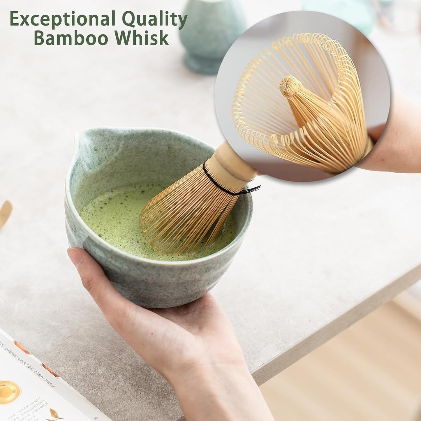 Matcha Set, Japanese Tea Set Includes Matcha Bowl with Spout, Matcha Whisk Holder, Bamboo Matcha Whisk and Bamboo Scoop, 17 oz Mottled Green Glaze Ceramic Matcha Kit for Tea Lovers