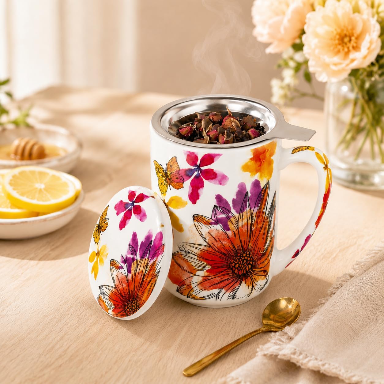 GBhome Tea Mug with Infuser and Lid, 18 Ounce Large Ceramic Loose Leaf Cup, Microwave, Dishwasher Safe, Perfect for Tea Lovers