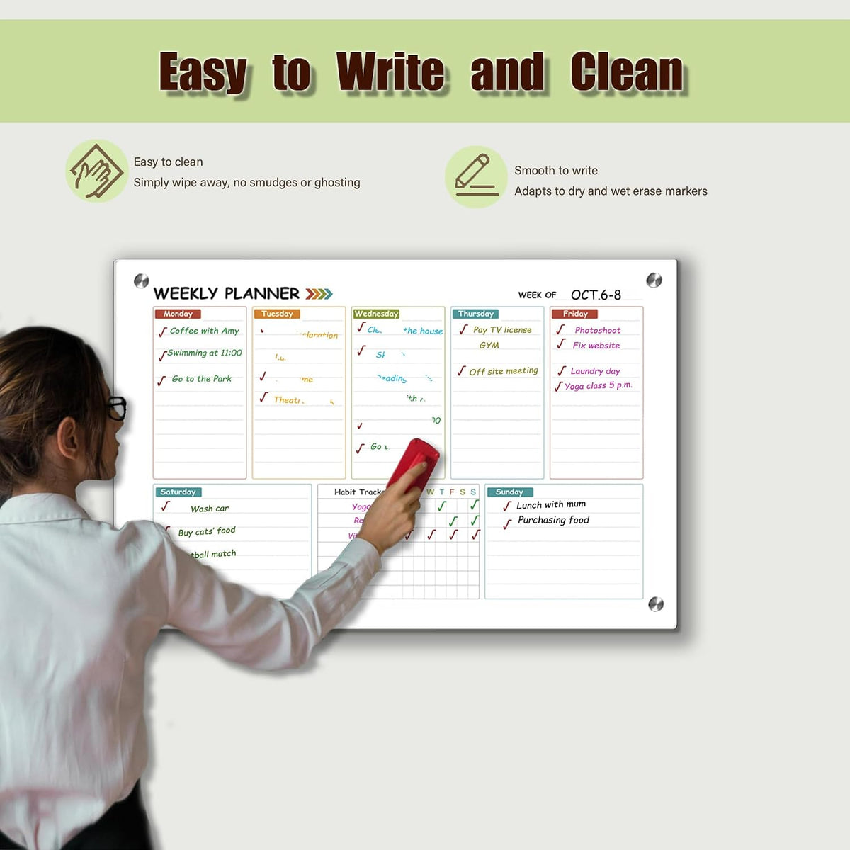 Glass Colorful Weekly Dry Erase Board for Wall,Weekly Planner Whiteboard for Wall 24"x18",Frameless Mounting,Medium Weekly Wall Calendar Dry Erase for Office/School/Home