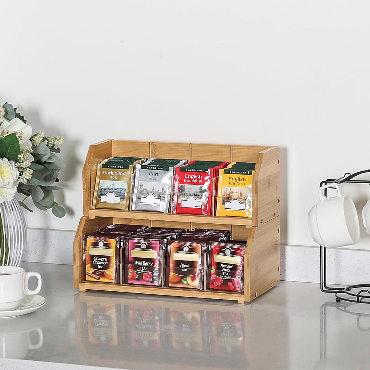TIOPGHAD 2-Layer Stackable Bamboo Tea Bag Organizer Storage Holder & Rack - Wooden Tea Box Containers - Stand for Countertop or Cabinet
