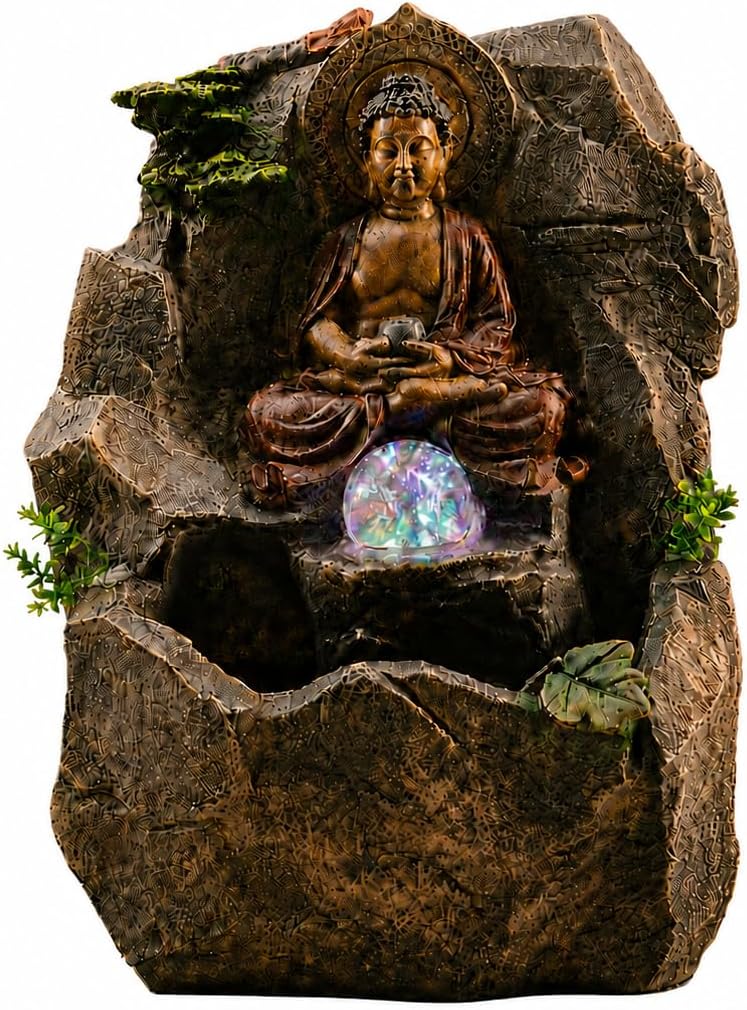 Indoor Tabletop Water Fountain with LED Light, Resin Rock-Look Waterfall Decor, Feng Shui Inspired Zen Fountain for Desk, Office, Bedroom, Living Room & Meditation Space (9" Cascading Rock)