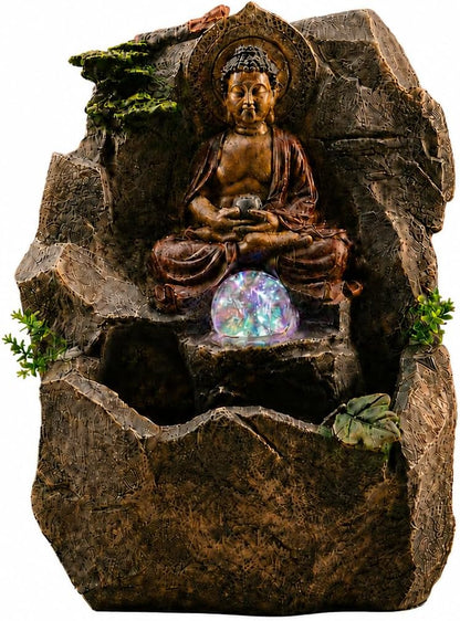 Indoor Tabletop Water Fountain with LED Light, Resin Rock-Look Waterfall Decor, Feng Shui Inspired Zen Fountain for Desk, Office, Bedroom, Living Room & Meditation Space (9" Cascading Rock)