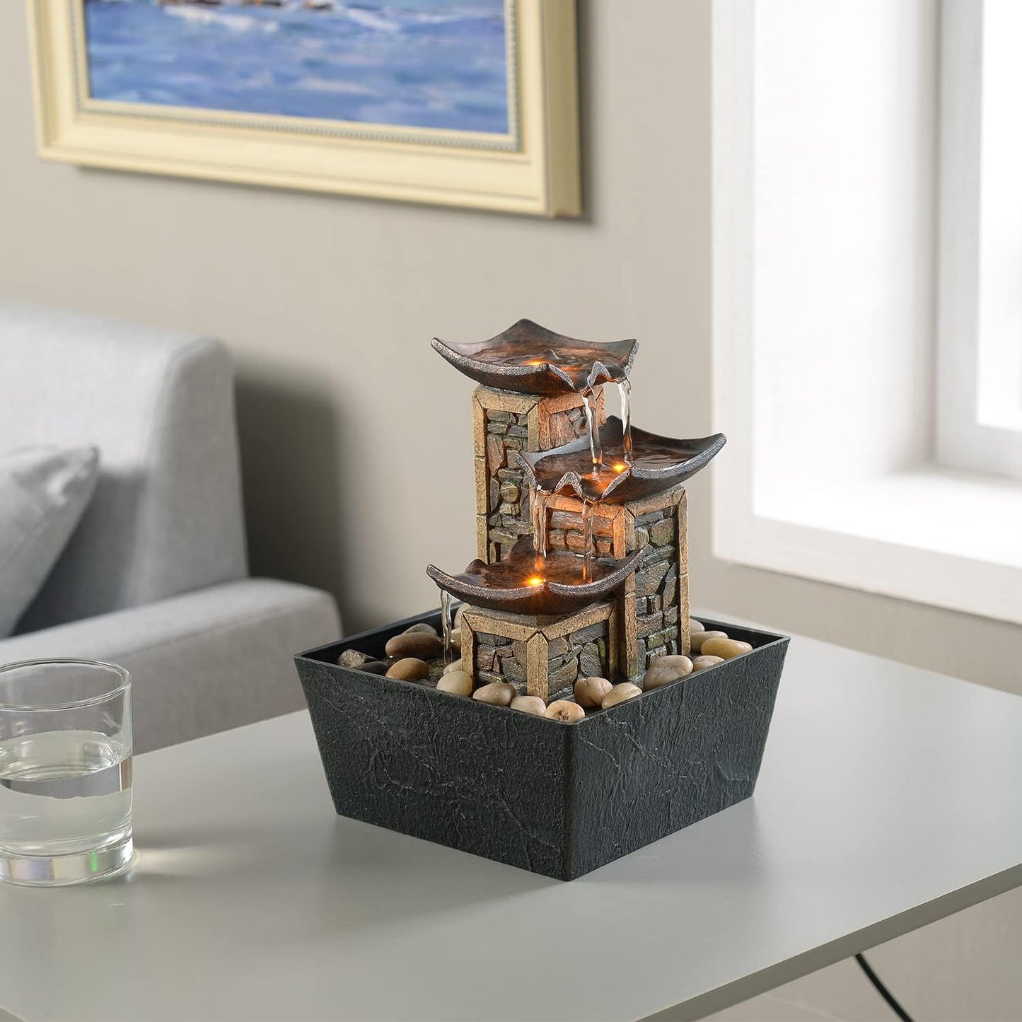 GOSSI Indoor Waterfall Fountain, 10.3" Tabletop Water Fountain with LED Lights & River Rocks, Relaxing Home Office Decor