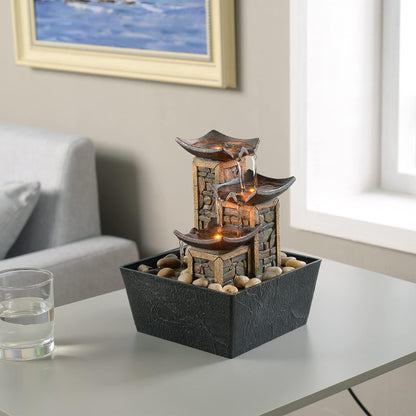 GOSSI Indoor Waterfall Fountain, 10.3" Tabletop Water Fountain with LED Lights & River Rocks, Relaxing Home Office Decor