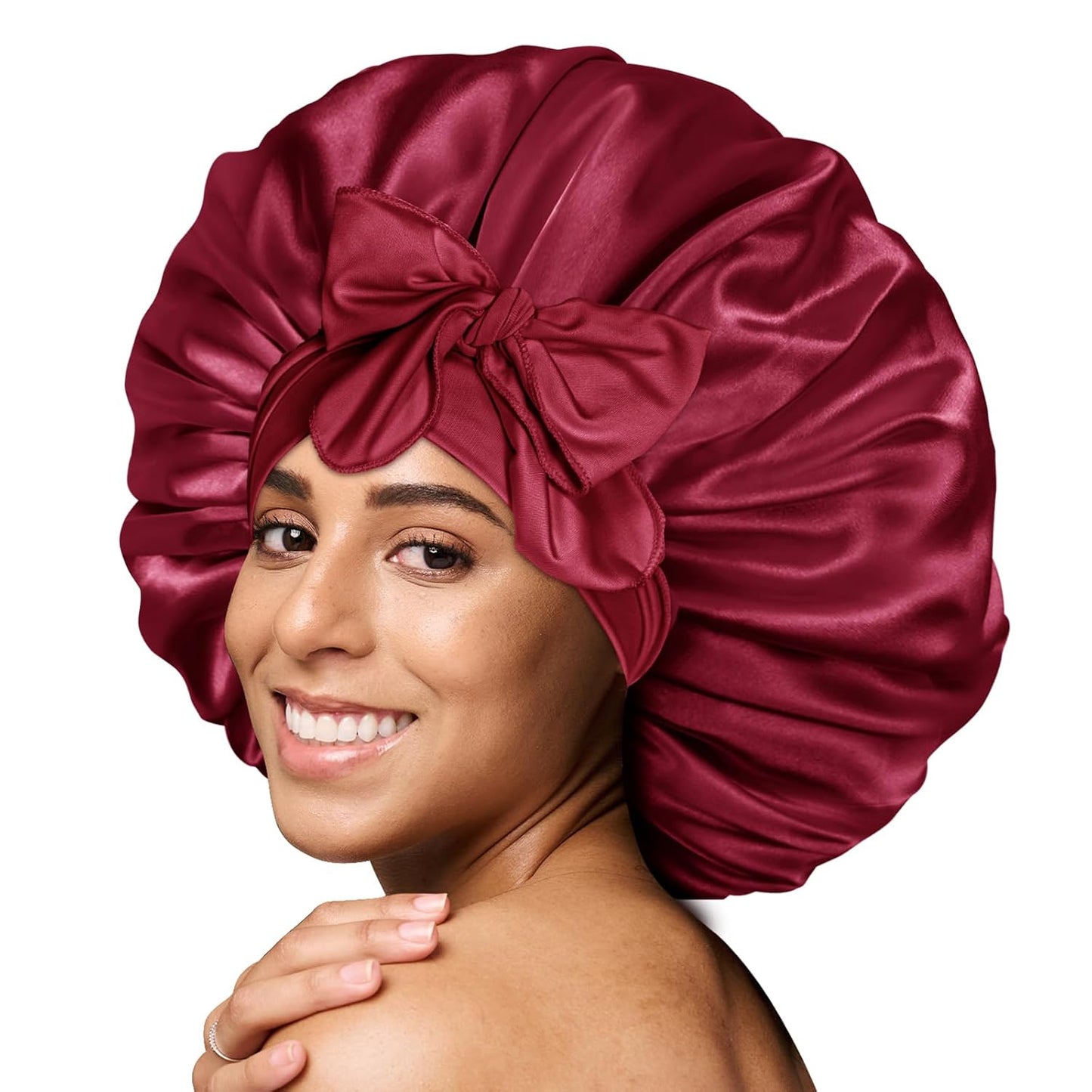 BONNET QUEEN Silk Bonnet for Sleeping for Women Satin Bonnet Night Cap for Curly Hair with Tie Band, Single Layer, Cream Pink