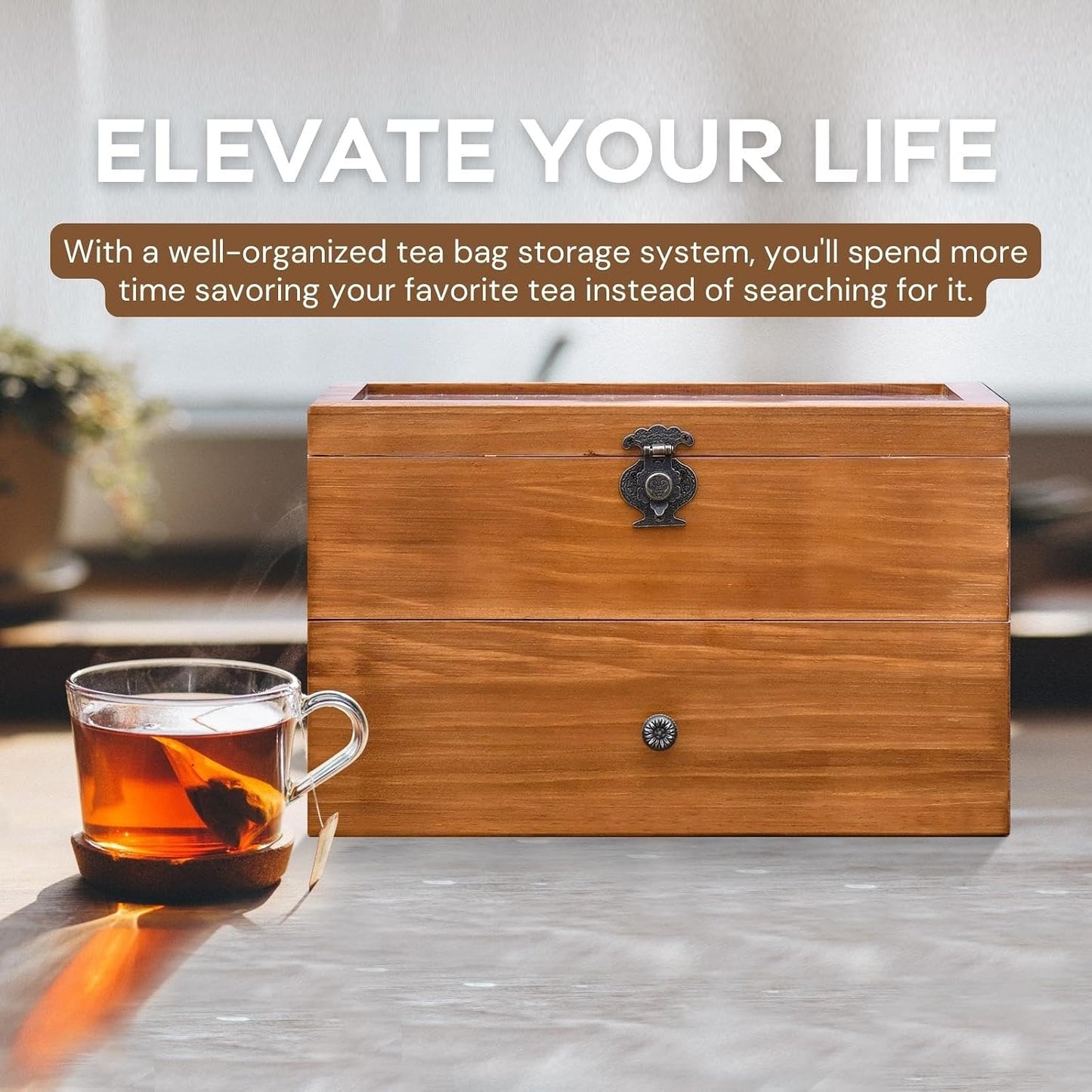 WELLAND Wood Tea Bag Organizer, Storage Box with Clear Acrylic Window, 2-layer 14 Compartments Large Capacity Tea Bag Holders, Gift Idea
