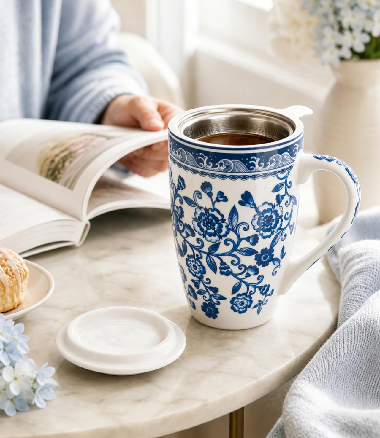 AmorArc 18oz Porcelain Tea Mug with Infuser & Lid, Loose Leaf Tea Cup with Stainless Steel Strainer, Large Coffee Mug Gift for Women, Tea Lovers, Home & Office