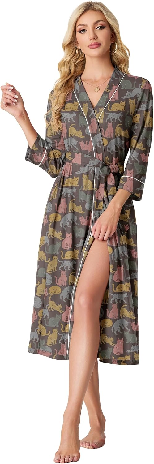 PrinStory Robes for Women 3/4 Sleeve Long Bath Robe XS-4XL
