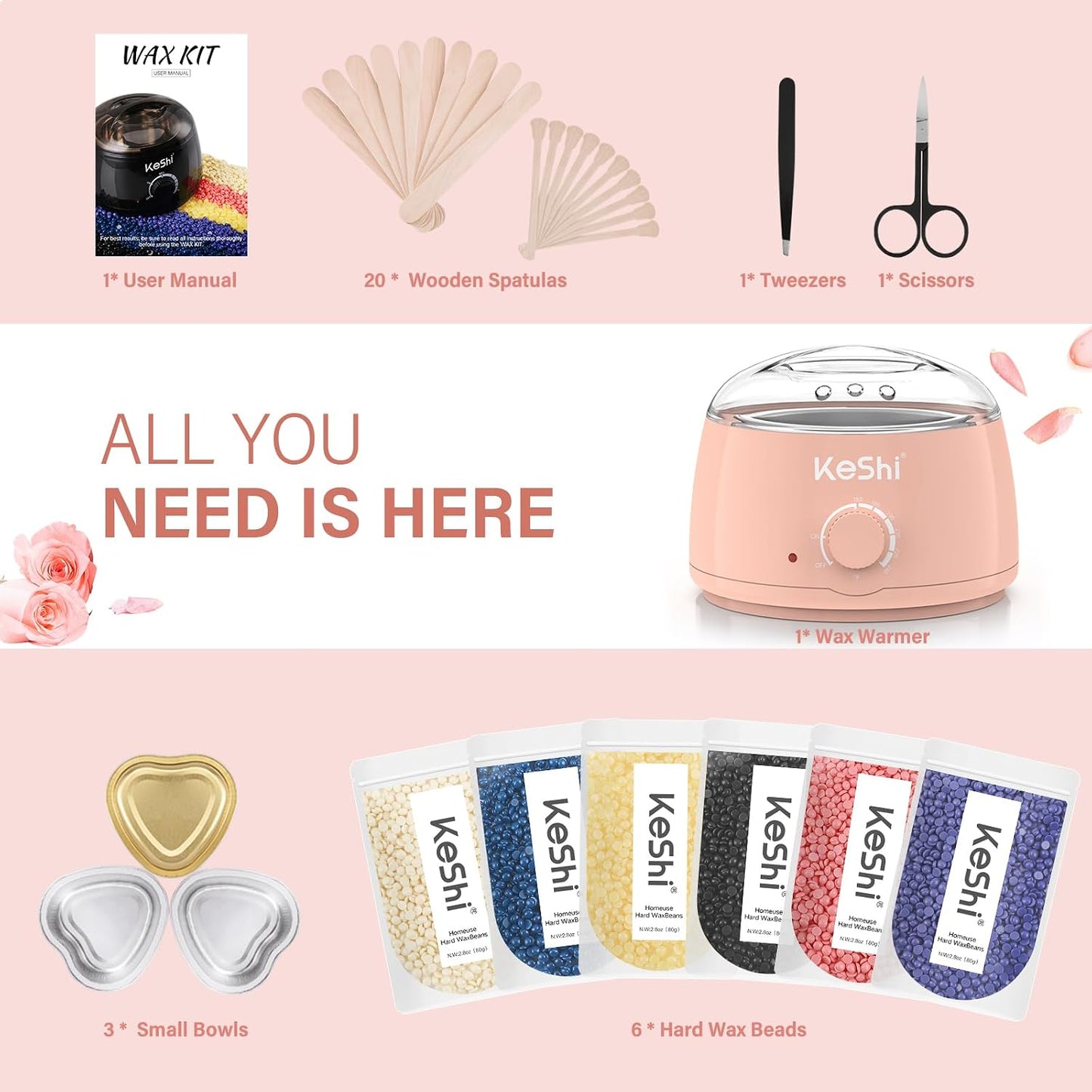 KeShi Waxing Kit, Painless Hair Removal Wax Warmer with 6 Bags Hard Wax Beans for Full Body, Legs, Face, Eyebrows & Bikini— Ideal for Both Women & Men