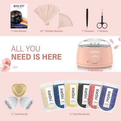 KeShi Waxing Kit, Painless Hair Removal Wax Warmer with 6 Bags Hard Wax Beans for Full Body, Legs, Face, Eyebrows & Bikini— Ideal for Both Women & Men