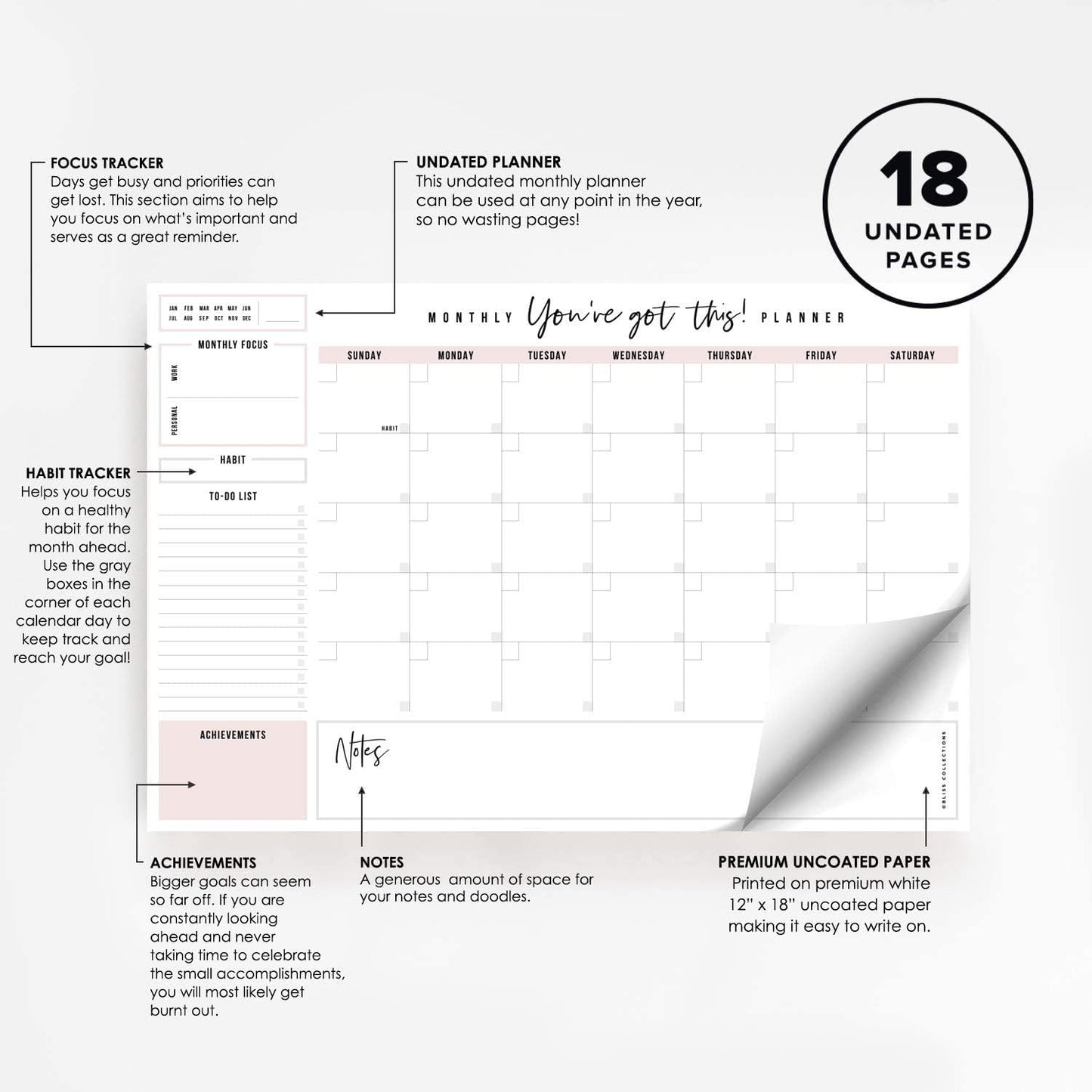 Bliss Collections Weekly Planning Pad, To Do List Notebook - Undated Tear-Off Sheets Notepad - Work Calendar, Organizer, Scheduler for Goals, Tasks - Minimalist, 8.5" x 11", 50 Sheets