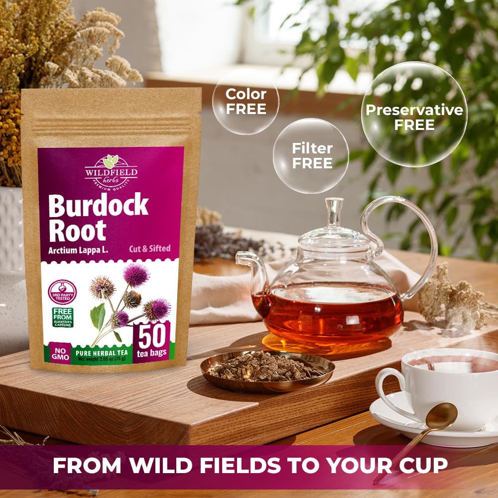 Wildfield Herbs 50 Bags Burdock Root Tea Herb Dried Burdock Root Tea Herb (Arctium Lappa Root) - 50 Count 1.5g Bags Bardana