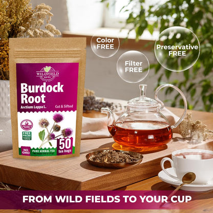 Wildfield Herbs 50 Bags Burdock Root Tea Herb Dried Burdock Root Tea Herb (Arctium Lappa Root) - 50 Count 1.5g Bags Bardana