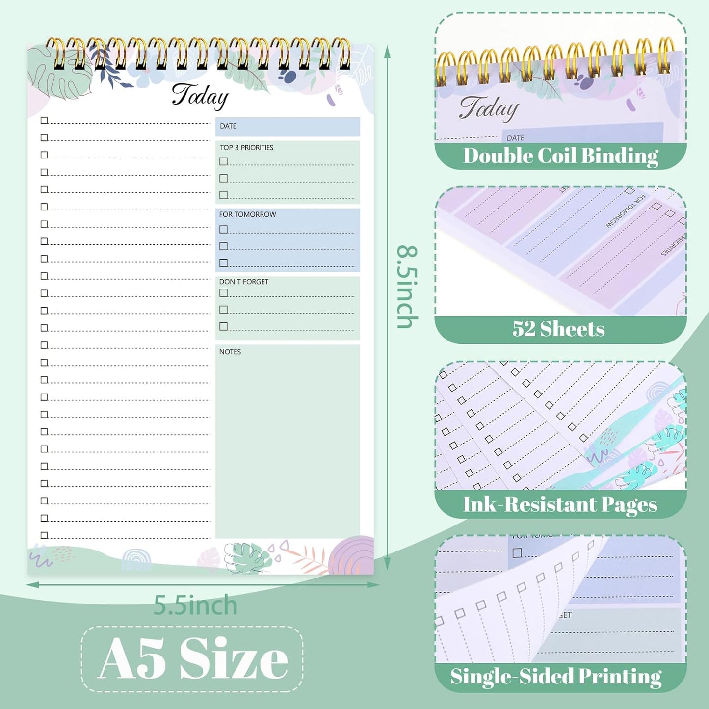 2 Packs To Do List Notepad, 104 Pages To Do List Notebook A5 Undated Daily Planner Notepad with Task Checklist Home Office School Supplies