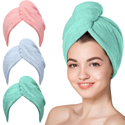 Hicober Microfiber Hair Towel Wrap, Fast Drying Hair Towels for Women, Soft Lightweight Quick Dry Turban for Curly & Long Hair–3 Pack(Blue/Grey/Pink)