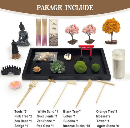 Zen Garden for Desk Decor - Premium Beautiful Japanese Mini Zen Sand Garden Kit Box for Home, Office Desk with Black Wooden Tray, White Sand, Tools, Red Gate, Buddha - Desktop Set