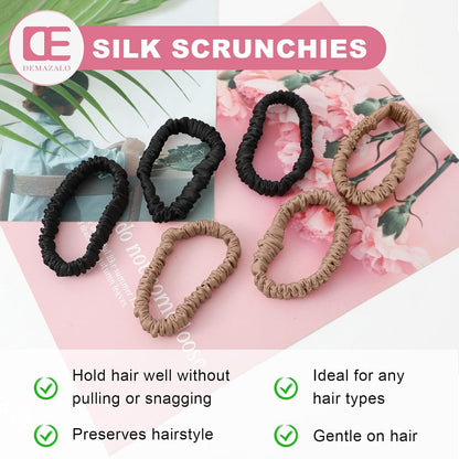 6Pcs Silk Hair Ties 100% Pure Mulberry Silk Scrunchies for Women Girls | No Hair Crease, Anti Frizz, Gentle Hold, No Damage, Black Brown Pink