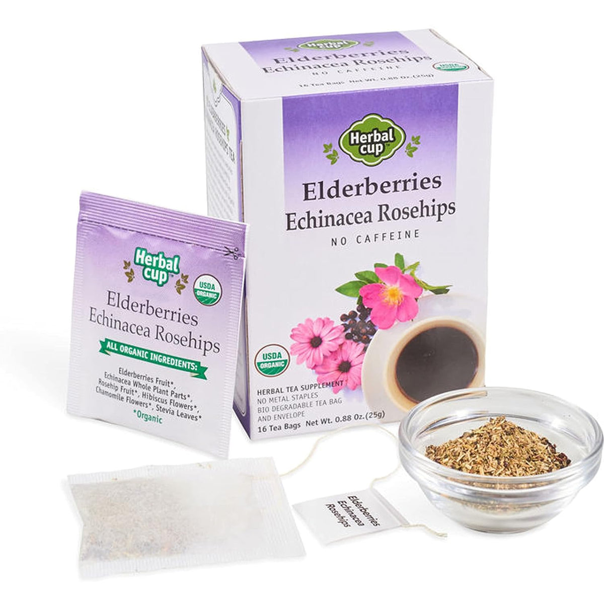 Herbal Cup Ayurveda Elderberries Tea, No Caffeine Organic Herbal Teas (Organic Echinacea Rosehips, 16 Count (Pack of 6))