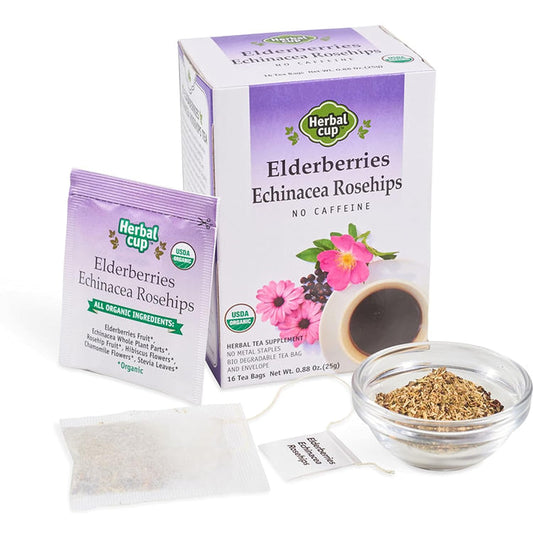 Herbal Cup Ayurveda Elderberries Tea, No Caffeine Organic Herbal Teas (Organic Echinacea Rosehips, 16 Count (Pack of 6))