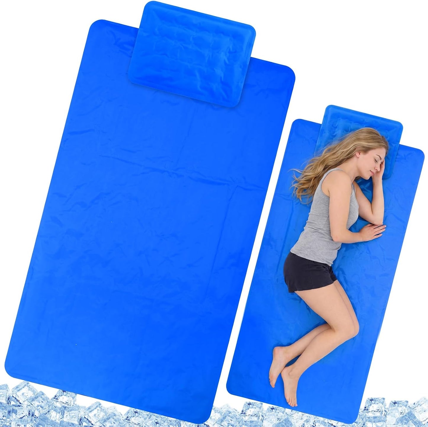 Novabright 2 Pcs Cooling Pad with Pillow Set Cold Mat Gel for Bed 47'' x 28'' Cooling Mattress Pad for Night Sweats, Hot Sleepers, Hot Flashes, Pain Relief, Summer Supplies(Simple,Sky Blue)
