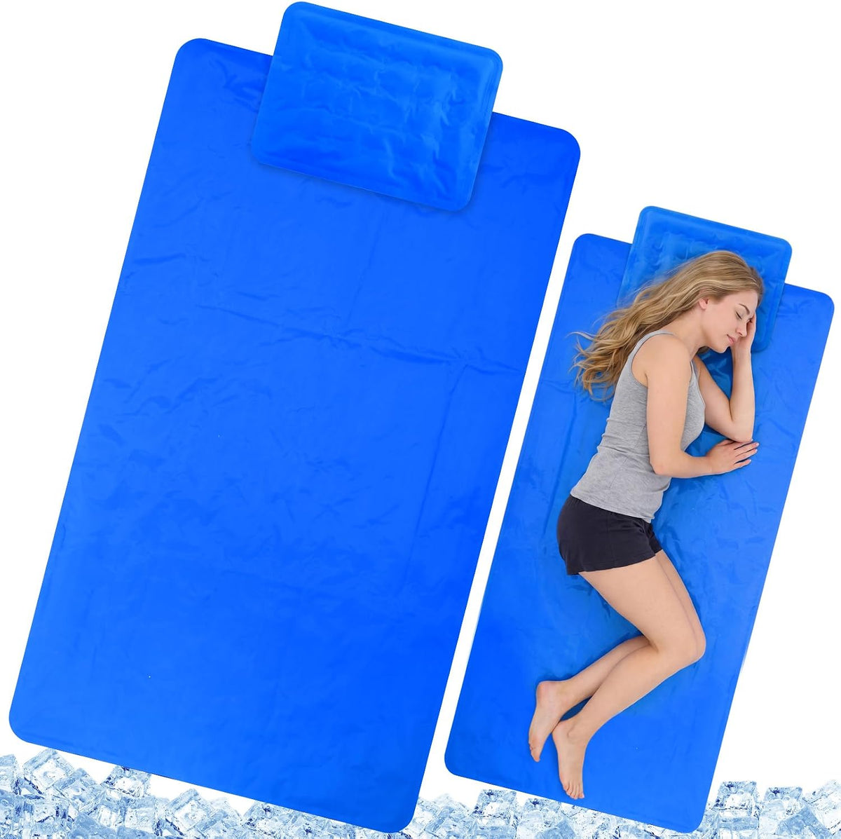 Novabright 2 Pcs Cooling Pad with Pillow Set Cold Mat Gel for Bed 47'' x 28'' Cooling Mattress Pad for Night Sweats, Hot Sleepers, Hot Flashes, Pain Relief, Summer Supplies(Simple,Sky Blue)