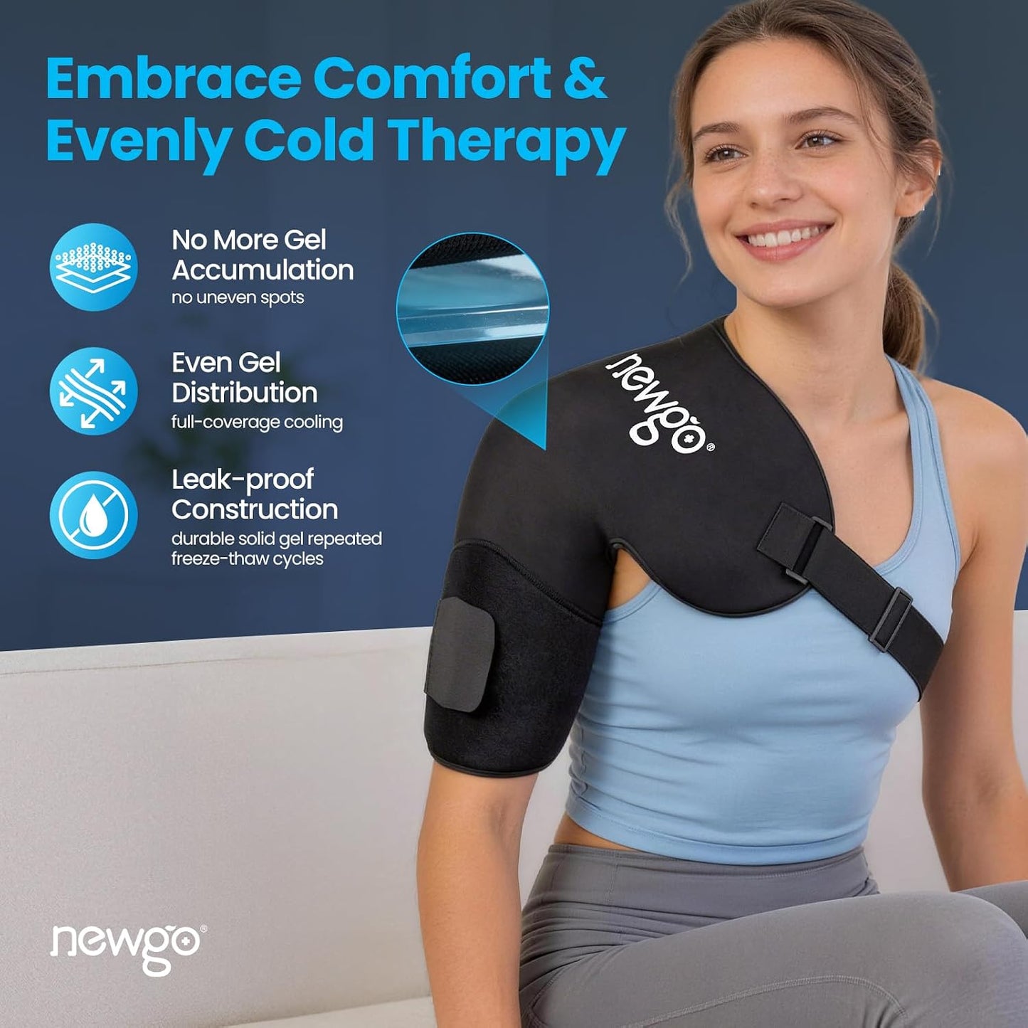 NEWGO Shoulder Ice Pack Rotator Cuff Cold Therapy, 45-Min Long-Lasting Ice Packs for Shoulder & Arm with Ice Grid Design, Flexible Cold Compression Wrap for Post-Surgery, Muscle Relaxation & Swelling