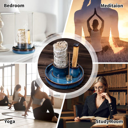 4 in 1 Incense Holder, Ceramic Base, Glass Cover Anti Ash Flying