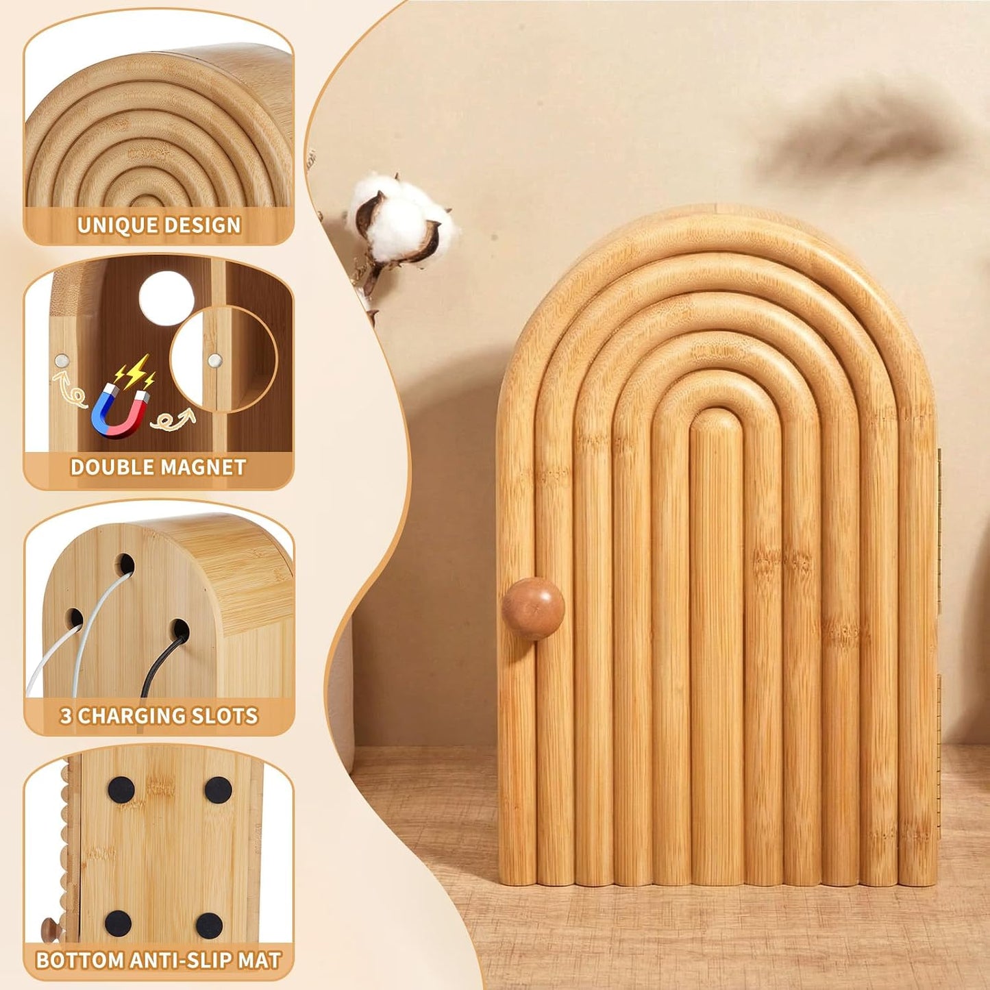 Bamboo Phone Box for Family Time, 6 Phones 3 Slots, Door-Shaped