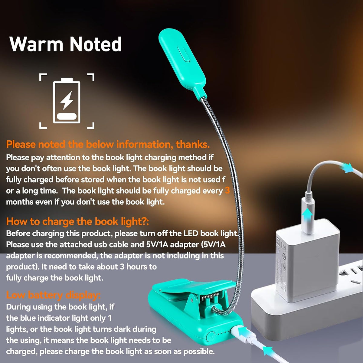 VAVOFO Amber Rechargeable Reading Light, Blue Light Blocking Book Light, 7 LEDs Eye Care 9 Colors 9 Brightness Clip On for Kids Bookworms Reading in Bed with Power Indicator Lasting 70h (Black)