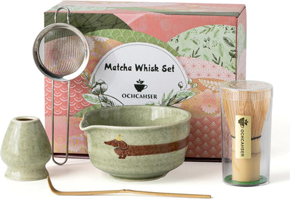 Matcha Set, Japanese Tea Set Includes Matcha Bowl with Spout, Matcha Whisk Holder, Bamboo Matcha Whisk and Bamboo Scoop, 17 oz Mottled Green Glaze Ceramic Matcha Kit for Tea Lovers