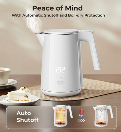 Electric Kettle with Digital Display & Temperature Control, 1.0L Stainless Steel Water Boiler, 1200W Fast Boiling, 4H Keep Warm, BPA-Free Auto Shut-Off, Tea Coffee Kettle for Home Office 120V, White