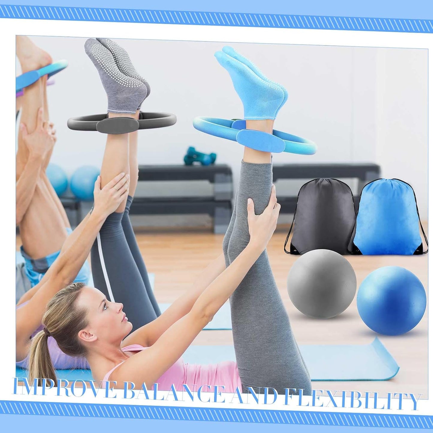 Poen Pilates Equipment Kit for Home Workout Pilates Ring and Ball Set for Women 12'' Circle Yoga Fitness Essentials Kit with Resistance Bands, Yoga Strap, Socks,Bag