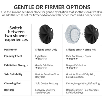 Silicone Body Scrubber 2 Pack, BEAUTAIL Shower Bath Scrubber, More Hygienic Than Traditional Loofah, Lather Nicely, Gentle Exfoliating Brush for Women Men Baby Sensitive Skin, Black+Purple