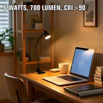 CRI 90+ Eye-Care Clip Light for Reading, 6W Small Clamp Lamp for Desk, Flexible Gooseneck Clip Lamp for Bed Headboard with 3 Color Modes & 10 Brightness(Adapter Include)