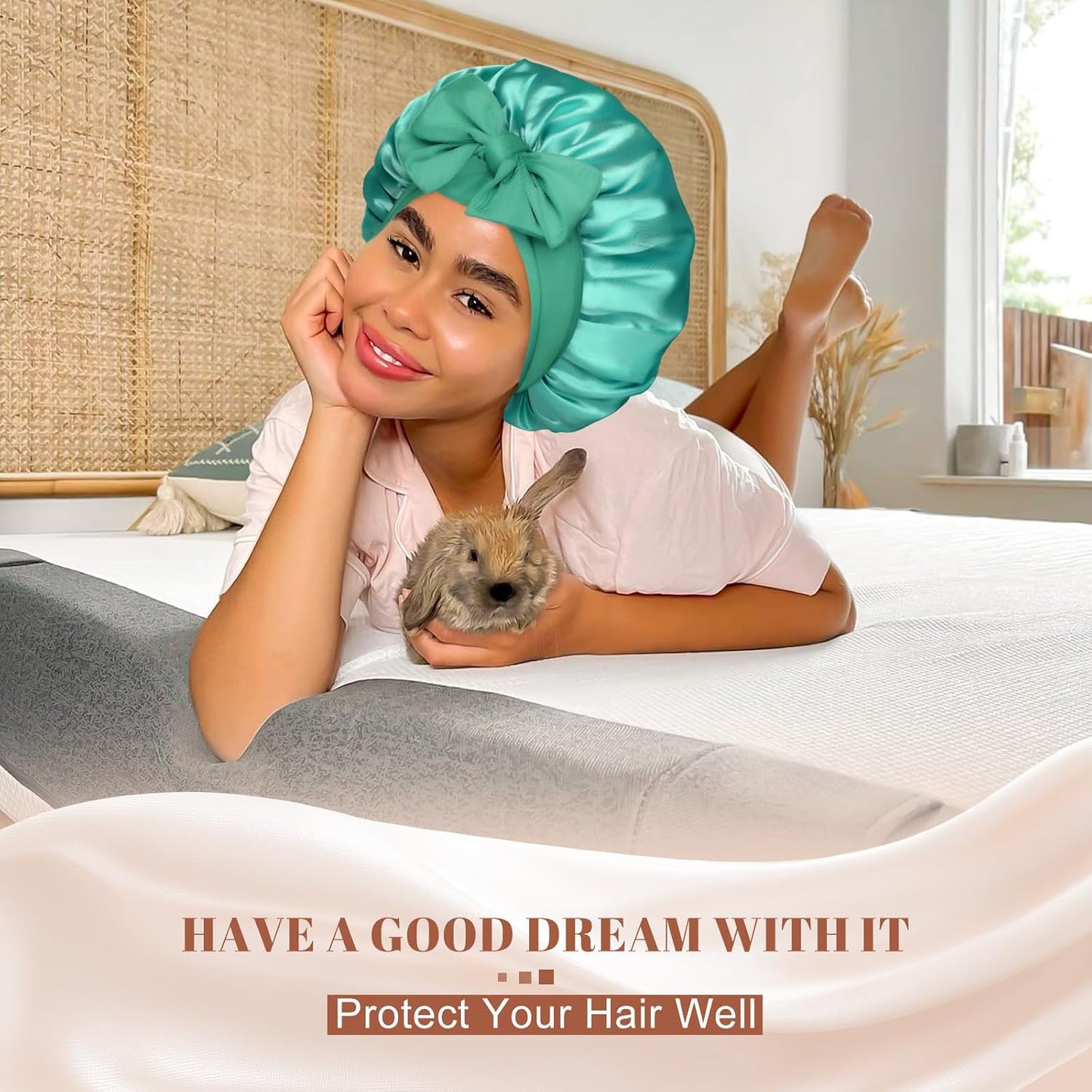 Satin Bonnet for Sleeping Cap Double Layer Hair Bonnet with Elastic Tie Band for Curly Hair Night Cap (Bean Paste + Pink)