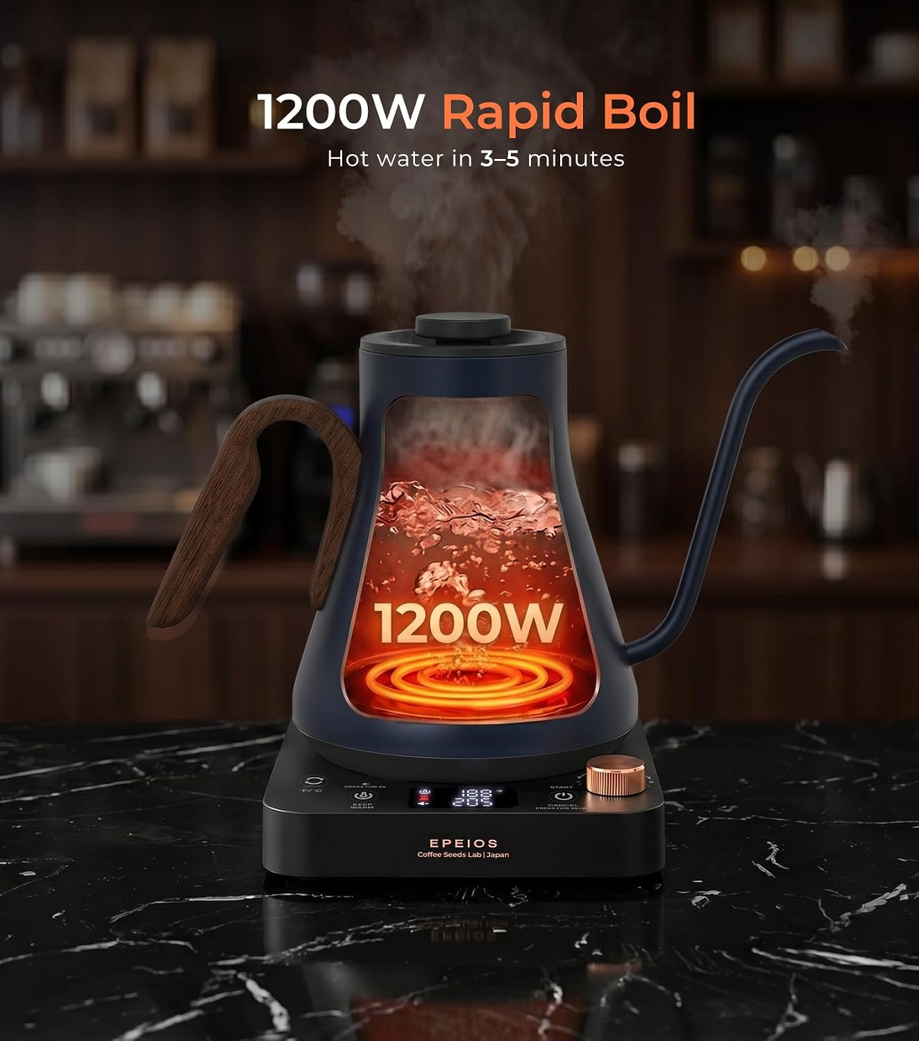 Epeios Electric Kettle, Gooseneck Electric Kettle with ±1°F Temperature Control, 1200W Rapid Heating for Pour Over Coffee & Tea, 304 Stainless Steel Interior, Auto Shut-Off, 0.9L, Black