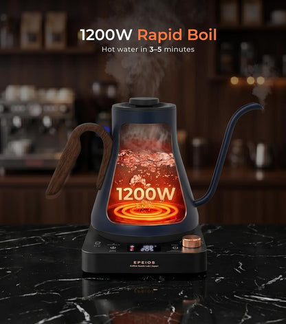 Epeios Electric Kettle, Gooseneck Electric Kettle with ±1°F Temperature Control, 1200W Rapid Heating for Pour Over Coffee & Tea, 304 Stainless Steel Interior, Auto Shut-Off, 0.9L, Black