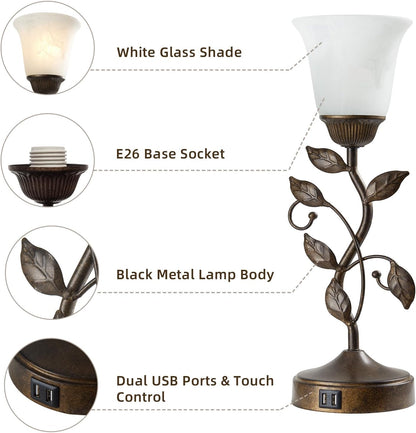 Touch Control Table Lamp with 2 USB Charging Ports, 3-Way Dimmable Bedside Nightstand Lamps, Amber Glass Shade Vintage Rural Leaf Lamp for Living Room, Bedroom, Dresser, LED Bulb Included (Bronze)