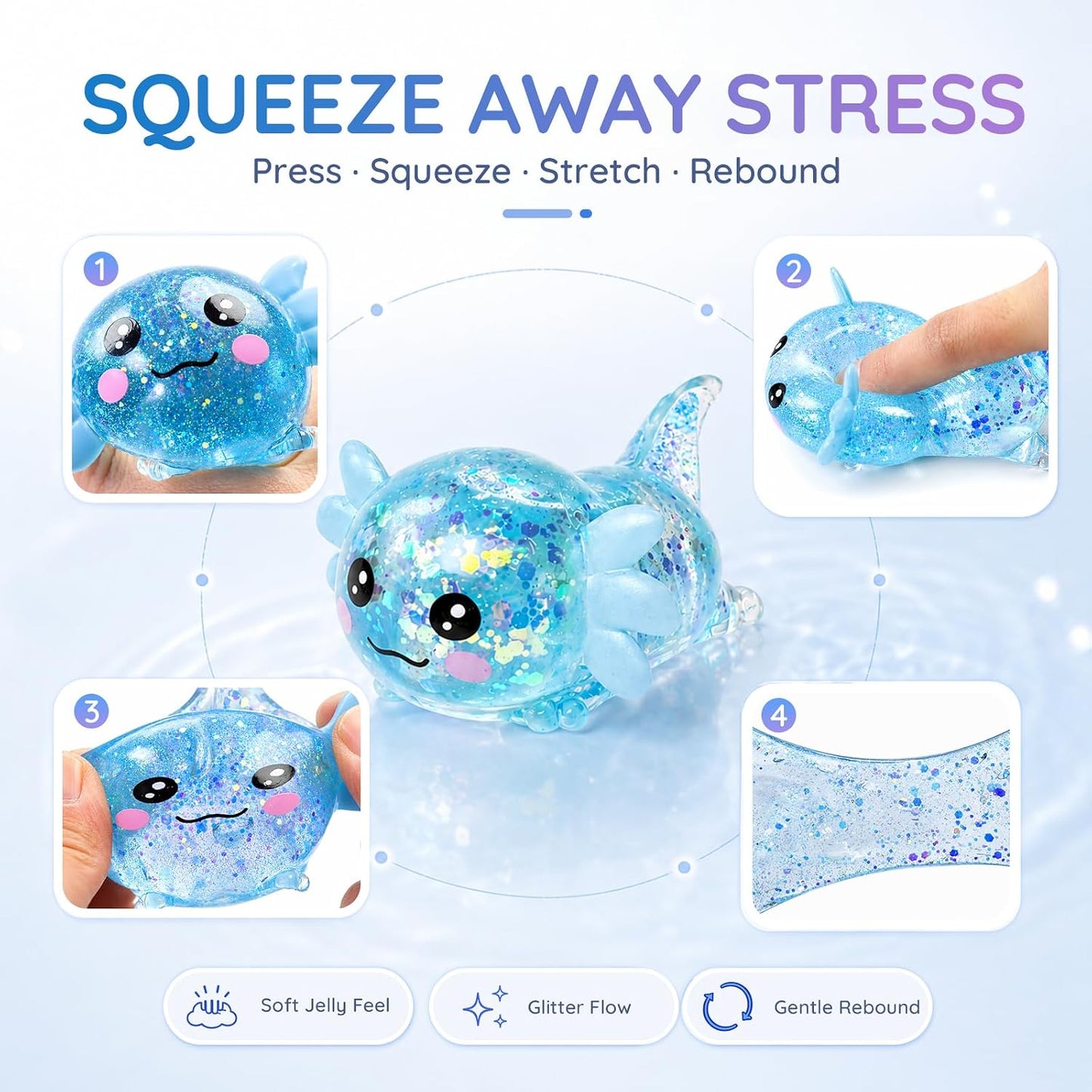 Axolotl Squishy Toy, Cute Glitter Stress Relief Fidget Toy, Soft Squeeze Sensory Toy for Kids Adults, Axolotl Squishy Stress Ball Anxiety Calming Desk Toy Party Favor Handheld Fidget (Yellow)