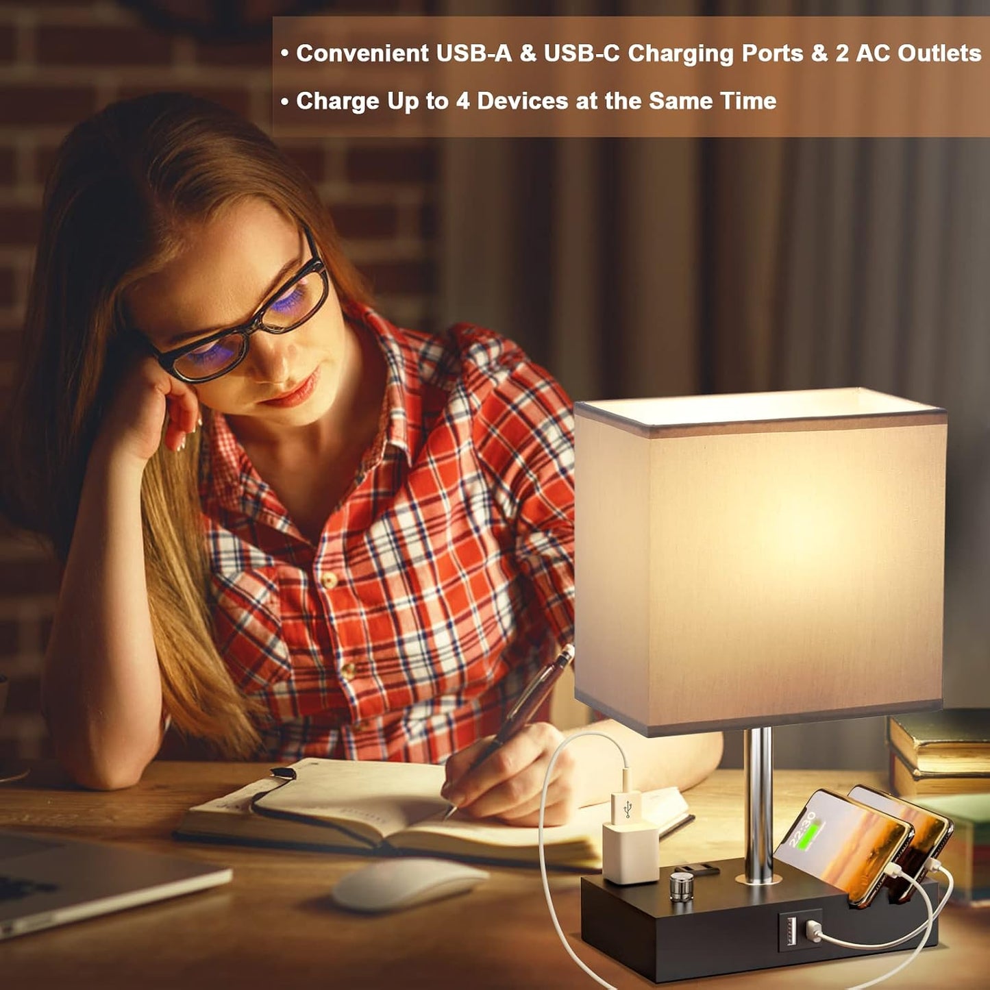 Kakanuo Fully Dimmable Nightstand Lamp for Bedroom with USB C Ports, Grey Small Bedside Table Lamp with Charging Outlets and Phone Stands, Wooden Desk Lamp for Living Room, LED Bulb Included
