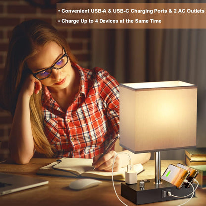 Kakanuo Fully Dimmable Nightstand Lamp for Bedroom with USB C Ports, Grey Small Bedside Table Lamp with Charging Outlets and Phone Stands, Wooden Desk Lamp for Living Room, LED Bulb Included