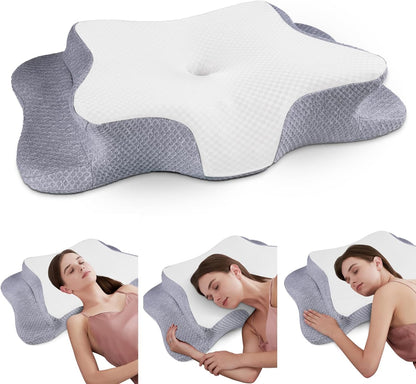 CHxxy Cervical Neck Pillow for Pain Relief Sleeping, Memory Foam Pillows, Ergonomic Side Sleeper Pillows, Cooling Orthopedic Neck Support Pillow for Back Stomach Sleepers-Queen Size Grey&Grey