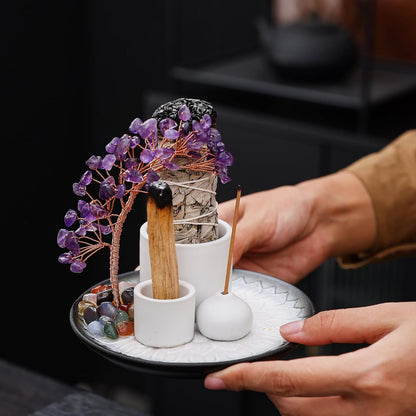 5 in 1 Incense Burner Holder with Crystal Healing Tree, Palo Santo Holder, Sage Holder, Incense Holder for Sticks/Cones/Candles, Ceramic Tray Ash Catcher for Burning Incense, Meditation Gift