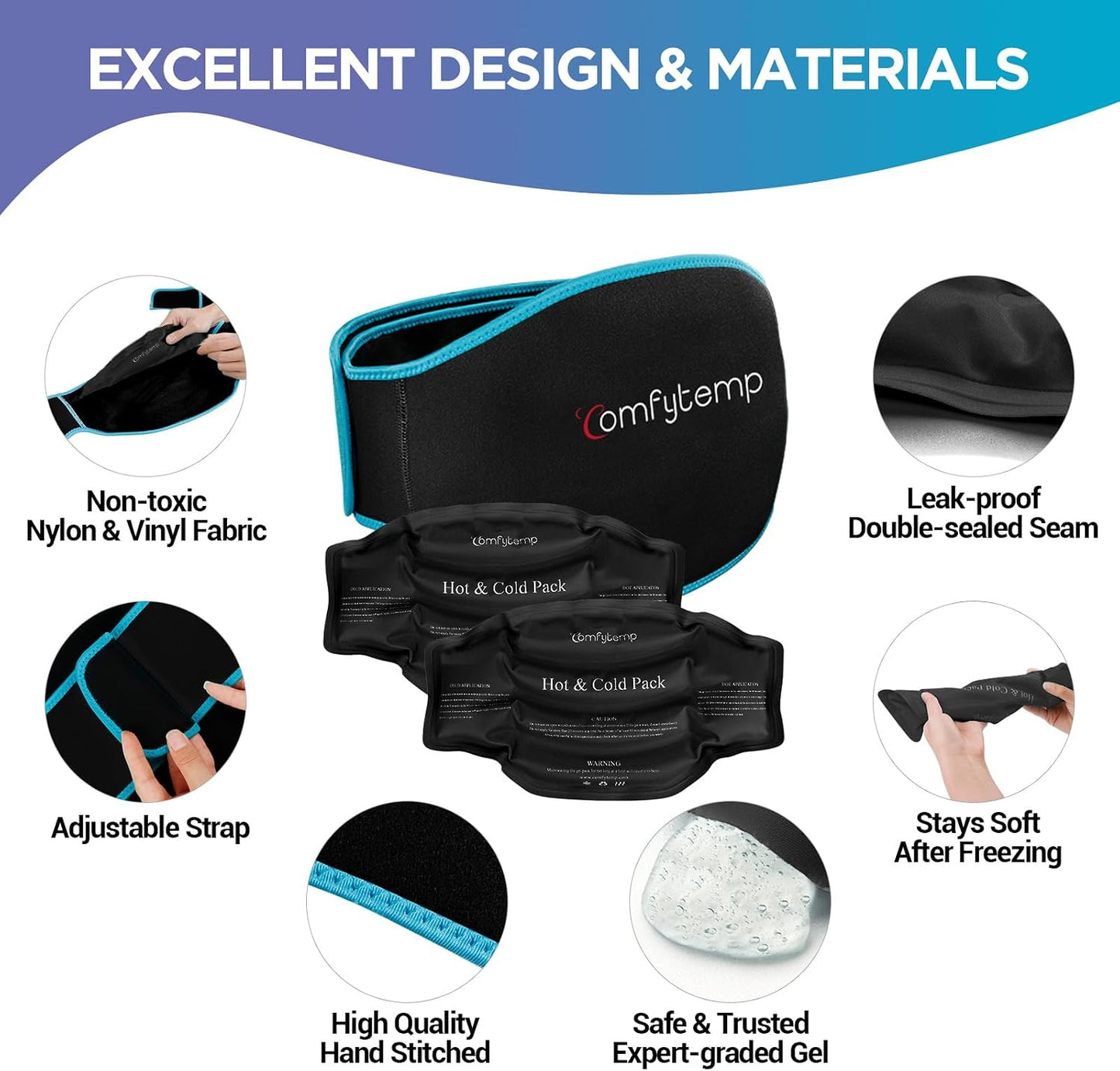 Comfytemp Ice Pack for Back Pain Relief, 2 Pcs, Sciatica Ease Brace, Reusable Gel Lower Back Ice Wrap for Injuries, Hot Cold Compress for Lower Lumbar, Waist, Men Women After Surgery (Blue)