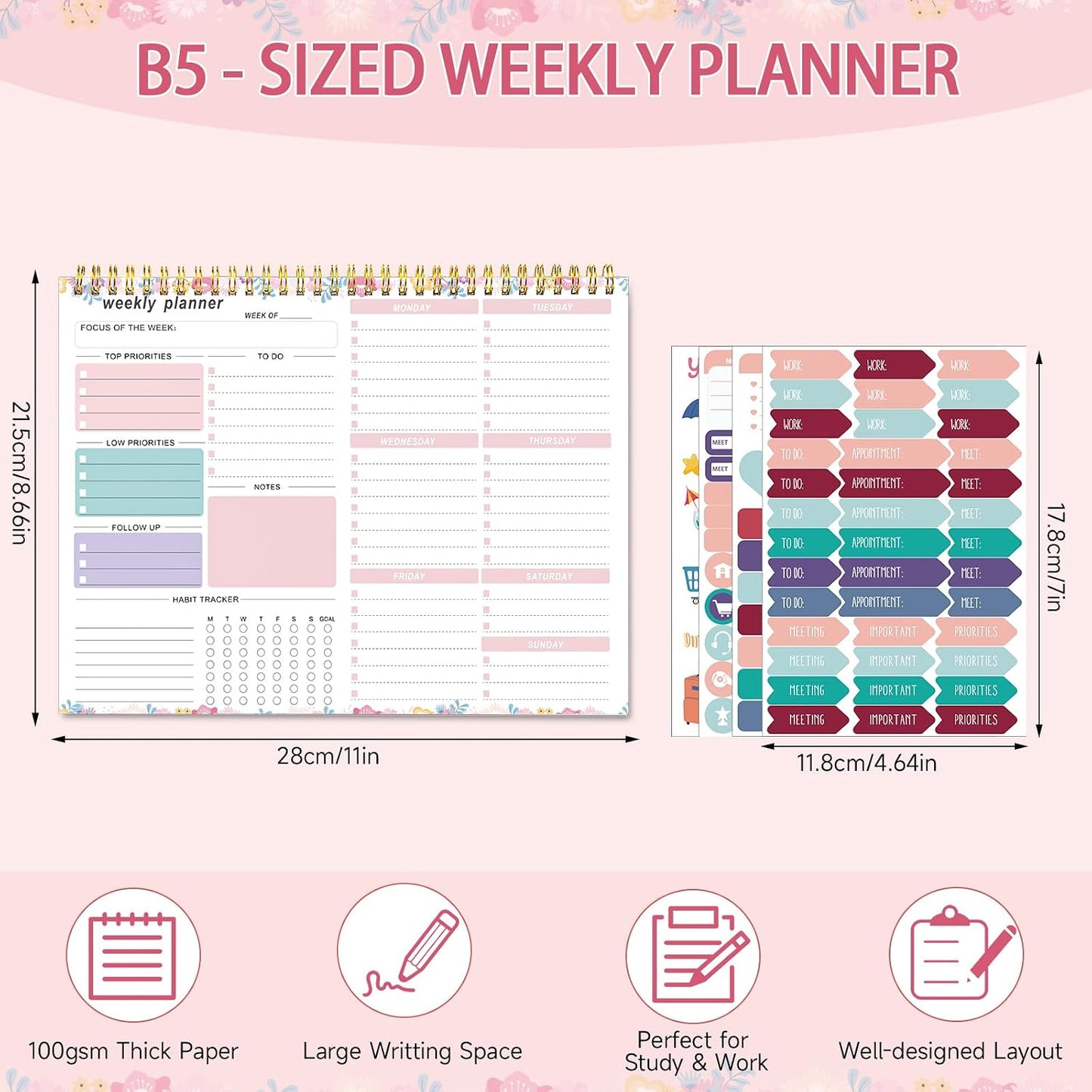 Weekly To Do List Notepad, 8.5''x11'' Weekly Desk Planner with 52 Tear Off Sheets Undated Weekly Planner Habit Tracker & Productivity Organizer for Home and Work, Pink