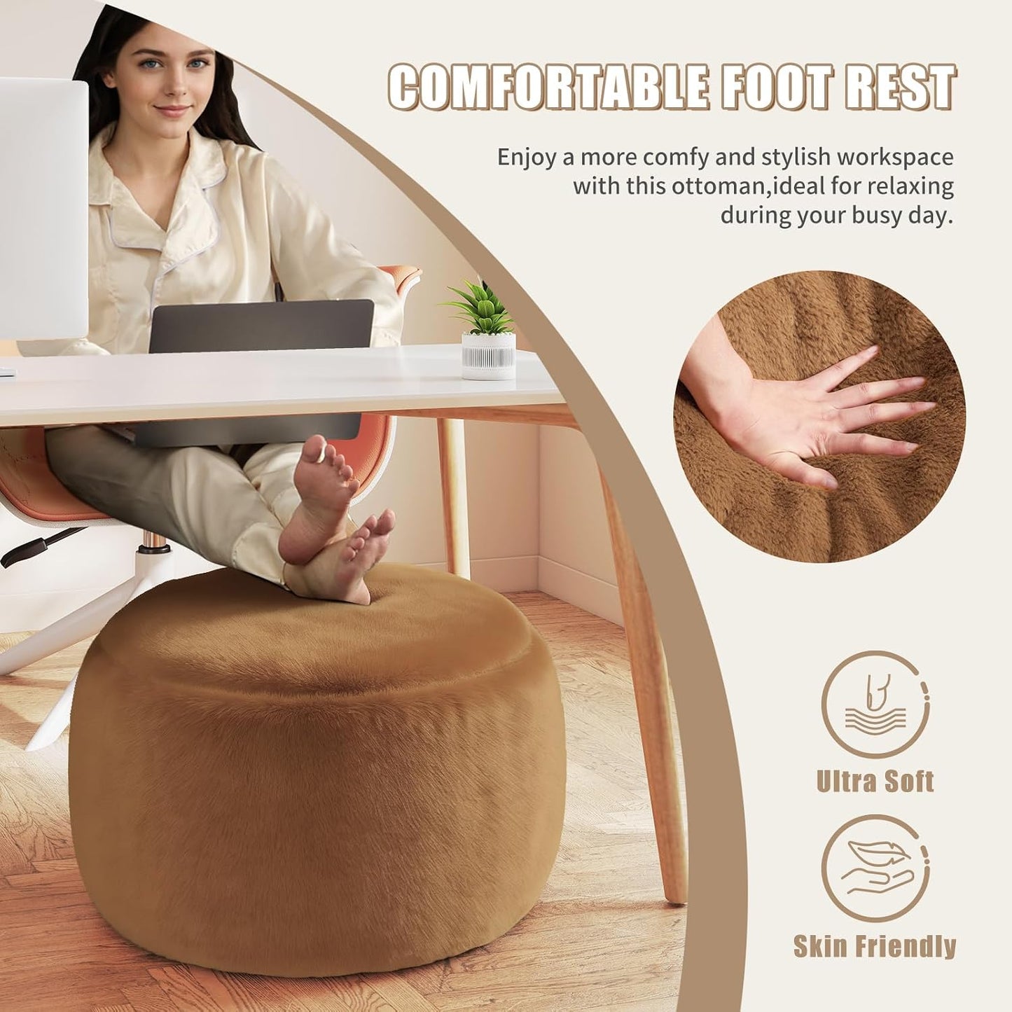 Round Stuffed Pouf Ottoman Foot Rest, Faux Fur Poufs with Memory Foam Filling, Ottomans for Living Room, Nursery, Dorm, Soft Foot Stool Ottoman for Couch, Perfect for Resting Your Feet (Grey, 20 Inch)